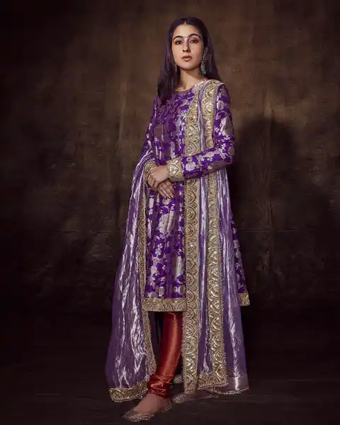 Sara Ali Khan in purple brocade anarkali dress