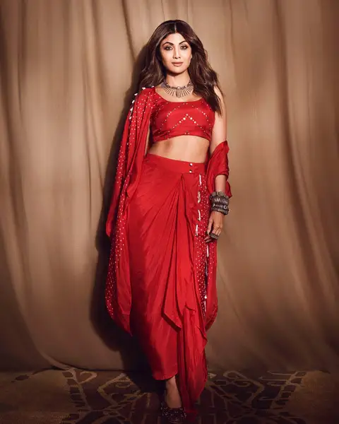 Shilpa Shetty worn red drape skirt and cape - ideal Diwali look
