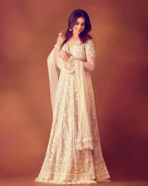 Genelia wearing ivory shade full length Anarkali - perfect Diwali outfit.
