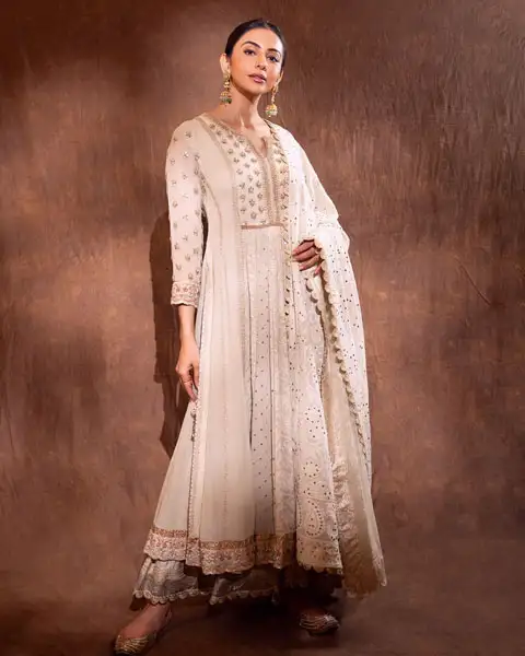 Rakul Preet worn white embroidered anarkali beautiful dress for Diwali