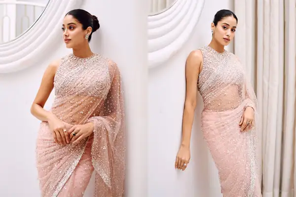 Read more about the article Janhvi Kapoor’s Blush Pink Saree for a Dreamy Wedding Look