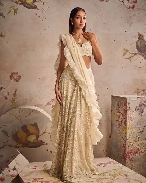 Ivory lehenga saree drape with floral applique blouse