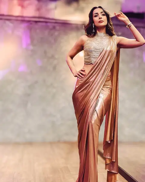 Malaika Arora wearing metallic saree with tasseled blouse