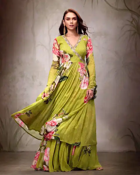 Aditi Rao Hydari looks elegant in lime green floral Anarkali Kurti design.