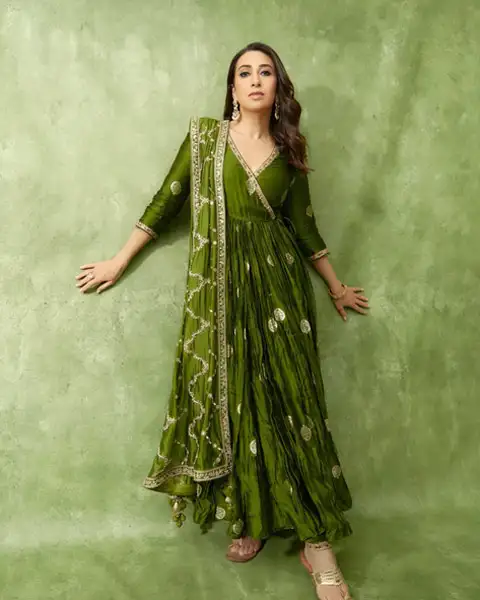 Karishma Kapoor wears Mahendi green anarkali with matching dupatta and pant