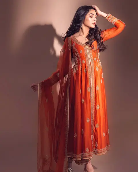 Orange Anarkali kurti design with front slit