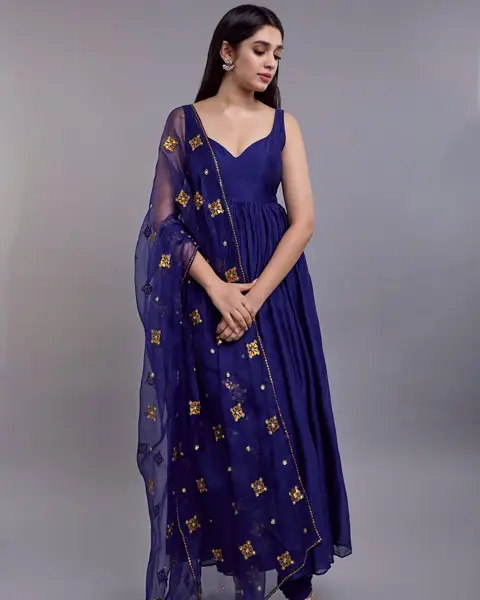 Krithi Shetty looks stunning in blue sleeveless Anarkali