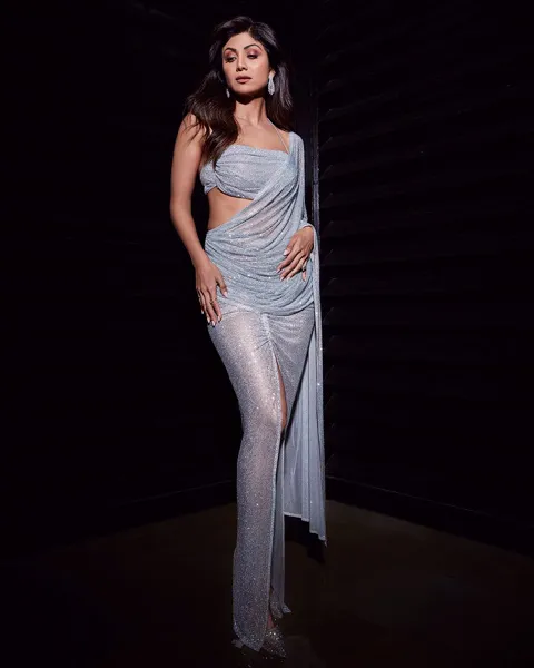 Shilpa Shetty worn silver gown style saree with bandeau blouse