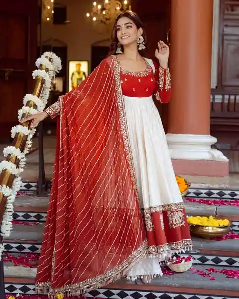 white-red combination Anarkali dress