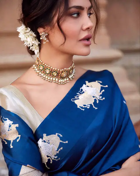 Esha Gupta wore blue silk saree with contrast light beige blouse