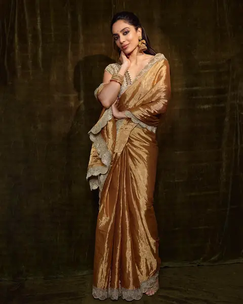 Sobhita in gold saree paired with short sleeve blouse
