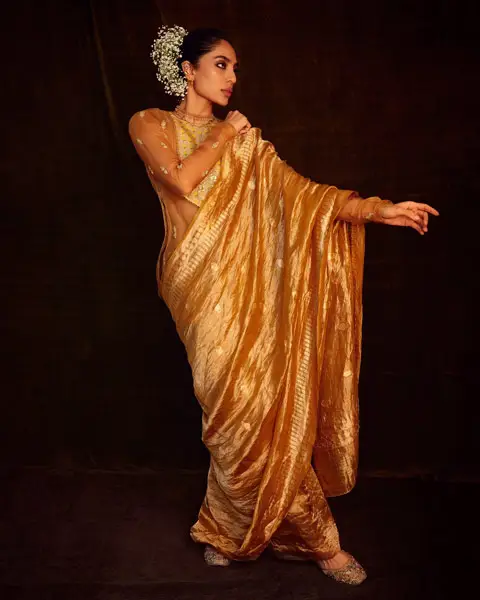 Sobhita's tissue golden saree looks