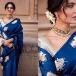 Esha Gupta’s Sophisticated Wedding Guest Style in Blue Silk Saree