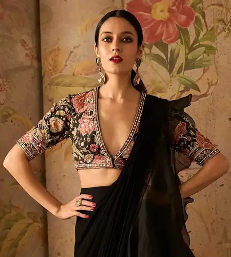 Floral black blouse design for saree