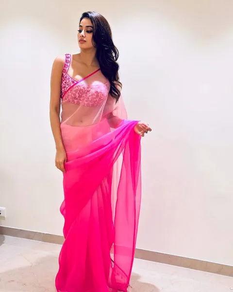 Janhvi Kapoor looks ethereal in ombre pink organza saree with sleeveless blouse