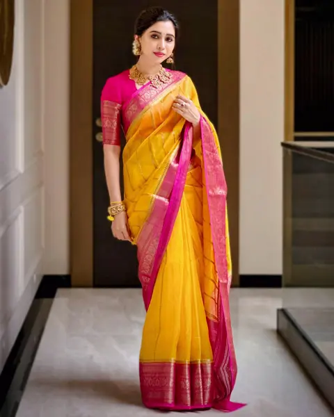 Yellow chanderi silk saree for wedding guest look