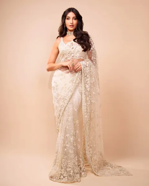 Nora Fatehi wore white lace net saree - beautiful wedding guest attire